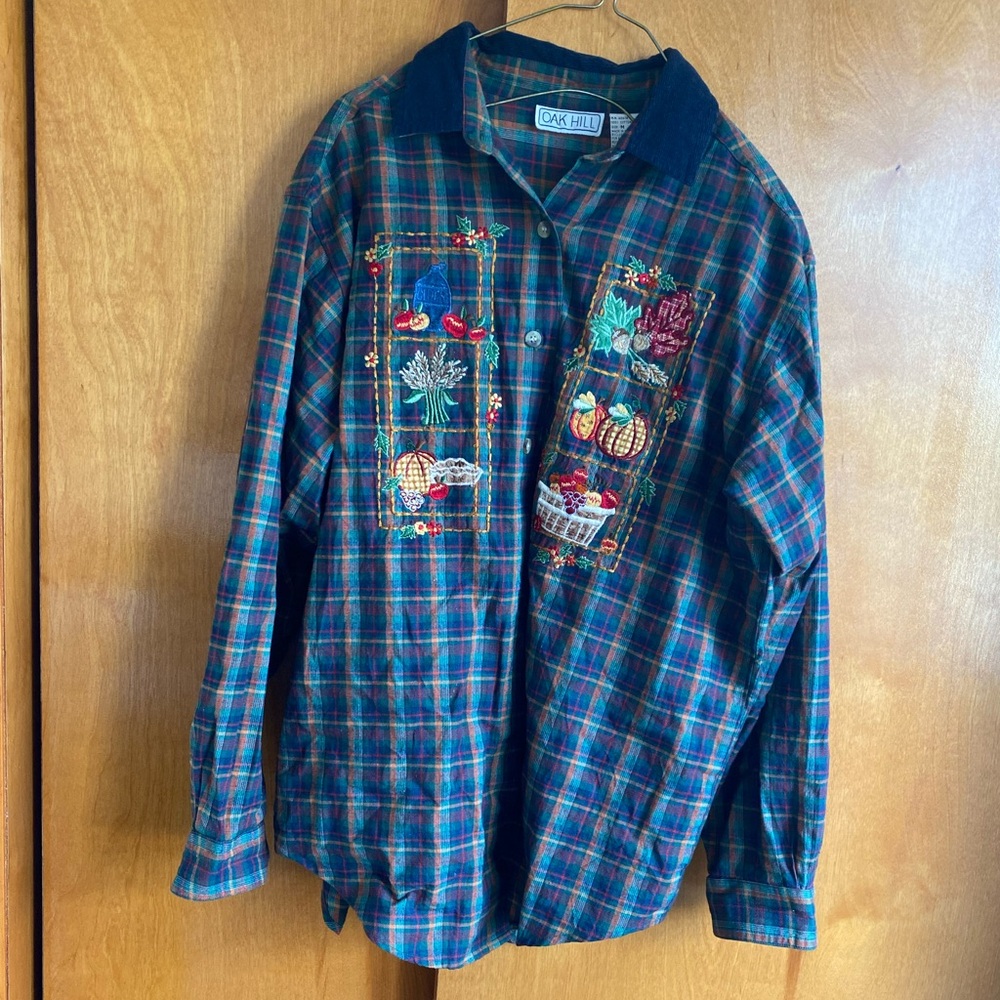 Autumnal Fall Embroidered 100% Cotton Plaid Button-Up Shirt